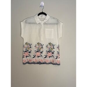 Kindred Women's White Floral Embroidered Cotton Button Up Blouse PM